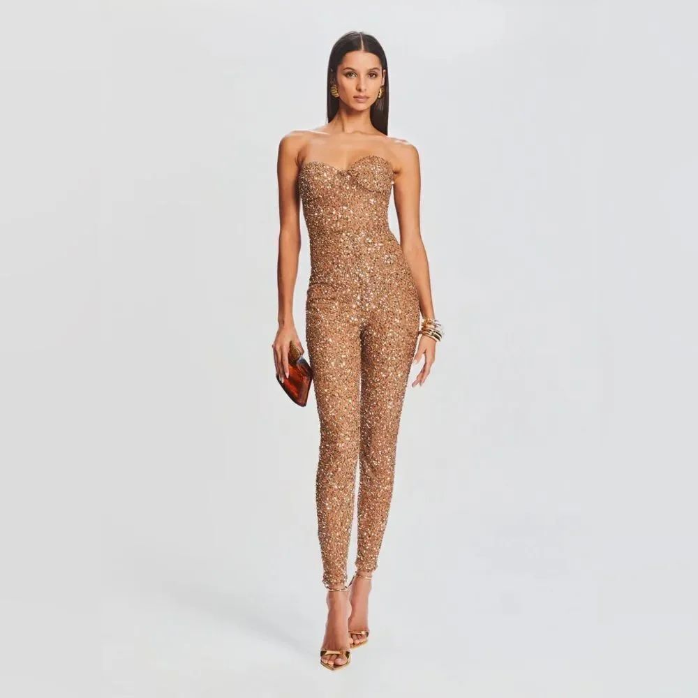 NWT Retrofête Elodie Sequin Embellished Jumpsuit in Tannin Size XS